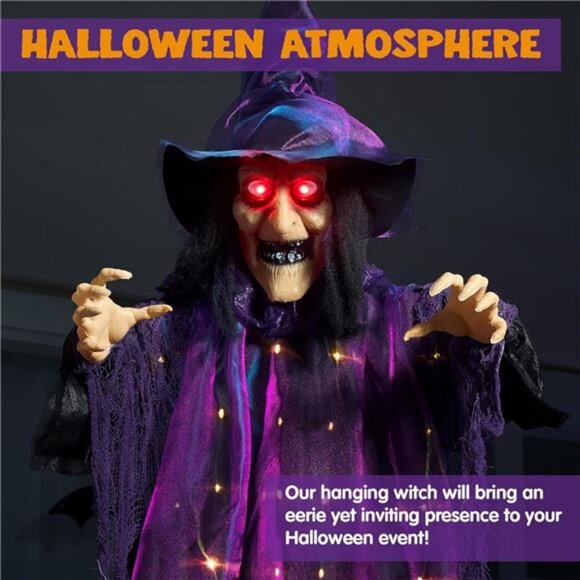 72” Hanging Witch Halloween Decor Outdoor Decor, Animated Talking Flying Witch - Picture 4 of 8